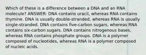 Which of these is a difference between a DNA and an RNA molecule? ANSWER: DNA contains uracil, whereas RNA contains thymine. DNA is usually double-stranded, whereas RNA is usually single-stranded. DNA contains five-carbon sugars, whereas RNA contains six-carbon sugars. DNA contains nitrogenous bases, whereas RNA contains phosphate groups. DNA is a polymer composed of nucleotides, whereas RNA is a polymer composed of nucleic acids.