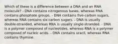 Which of these is a difference between a DNA and an RNA molecule? - DNA contains nitrogenous bases, whereas RNA contains phosphate groups. - DNA contains five-carbon sugars, whereas RNA contains six-carbon sugars. - DNA is usually double-stranded, whereas RNA is usually single-stranded. - DNA is a polymer composed of nucleotides, whereas RNA is a polymer composed of nucleic acids. - DNA contains uracil, whereas RNA contains thymine.