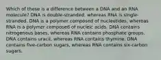 Which of these is a difference between a DNA and an RNA molecule? DNA is double-stranded, whereas RNA is single-stranded. DNA is a polymer composed of nucleotides, whereas RNA is a polymer composed of nucleic acids. DNA contains nitrogenous bases, whereas RNA contains phosphate groups. DNA contains uracil, whereas RNA contains thymine. DNA contains five-carbon sugars, whereas RNA contains six-carbon sugars.