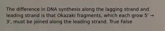 The difference in DNA synthesis along the lagging strand and leading strand is that Okazaki fragments, which each grow 5' → 3', must be joined along the leading strand. True False