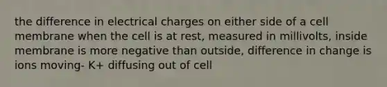 the difference in electrical charges on either side of a cell membrane when the cell is at rest, measured in millivolts, inside membrane is more negative than outside, difference in change is ions moving- K+ diffusing out of cell