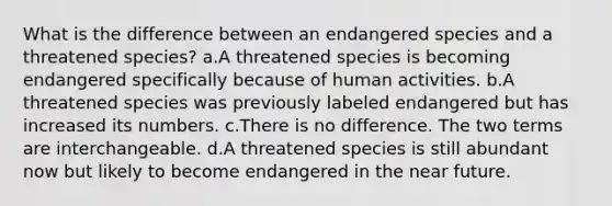 What is the difference between an endangered species and a threatened species? a.A threatened species is becoming endangered specifically because of human activities. b.A threatened species was previously labeled endangered but has increased its numbers. c.There is no difference. The two terms are interchangeable. d.A threatened species is still abundant now but likely to become endangered in the near future.