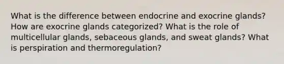 What is the difference between endocrine and exocrine glands? How are exocrine glands categorized? What is the role of multicellular glands, sebaceous glands, and sweat glands? What is perspiration and thermoregulation?