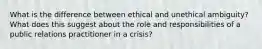 What is the difference between ethical and unethical ambiguity? What does this suggest about the role and responsibilities of a public relations practitioner in a crisis?