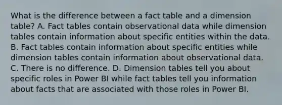 What is the difference between a fact table and a dimension table? A. Fact tables contain observational data while dimension tables contain information about specific entities within the data. B. Fact tables contain information about specific entities while dimension tables contain information about observational data. C. There is no difference. D. Dimension tables tell you about specific roles in Power BI while fact tables tell you information about facts that are associated with those roles in Power BI.