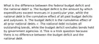 What is the difference between the federal budget deficit and the national debt? a. The budget deficit is the amount by which expenditures exceed revenues in a particular year, while the national debt is the cumulative effect of all past budget deficits and surpluses. b. The budget deficit is the cumulative effect of all prior national debts. c. The national debt includes all outstanding bonds, while the budget deficit excludes bonds held by government agencies. d. This is a trick question because there is no difference between the budget deficit and the national debt.