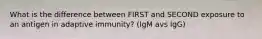 What is the difference between FIRST and SECOND exposure to an antigen in adaptive immunity? (IgM avs IgG)