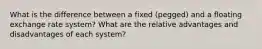 What is the difference between a fixed (pegged) and a floating exchange rate system? What are the relative advantages and disadvantages of each system?