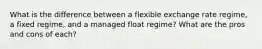 What is the difference between a flexible exchange rate regime, a fixed regime, and a managed float regime? What are the pros and cons of each?