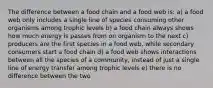 The difference between a food chain and a food web is: a) a food web only includes a single line of species consuming other organisms among trophic levels b) a food chain always shows how much energy is passes from on organism to the next c) producers are the first species in a food web, while secondary consumers start a food chain d) a food web shows interactions between all the species of a community, instead of just a single line of energy transfer among trophic levels e) there is no difference between the two