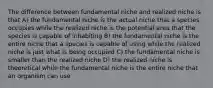 The difference between fundamental niche and realized niche is that A) the fundamental niche is the actual niche that a species occupies while the realized niche is the potential area that the species is capable of inhabiting B) the fundamental niche is the entire niche that a species is capable of using while the realized niche is just what is being occupied C) the fundamental niche is smaller than the realized niche D) the realized niche is theoretical while the fundamental niche is the entire niche that an organism can use