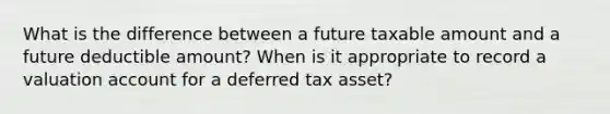 What is the difference between a future taxable amount and a future deductible amount? When is it appropriate to record a valuation account for a deferred tax asset?