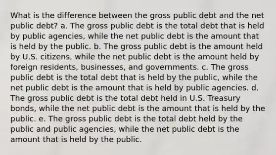 What is the difference between the gross public debt and the net public debt? a. The gross public debt is the total debt that is held by public agencies, while the net public debt is the amount that is held by the public. b. The gross public debt is the amount held by U.S. citizens, while the net public debt is the amount held by foreign residents, businesses, and governments. c. The gross public debt is the total debt that is held by the public, while the net public debt is the amount that is held by public agencies. d. The gross public debt is the total debt held in U.S. Treasury bonds, while the net public debt is the amount that is held by the public. e. The gross public debt is the total debt held by the public and public agencies, while the net public debt is the amount that is held by the public.