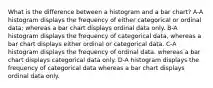 What is the difference between a histogram and a bar chart? A-A histogram displays the frequency of either categorical or ordinal data; whereas a bar chart displays ordinal data only. B-A histogram displays the frequency of categorical data, whereas a bar chart displays either ordinal or categorical data. C-A histogram displays the frequency of ordinal data. whereas a bar chart displays categorical data only. D-A histogram displays the frequency of categorical data whereas a bar chart displays ordinal data only.