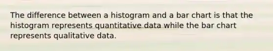 The difference between a histogram and a bar chart is that the histogram represents quantitative data while the bar chart represents qualitative data.