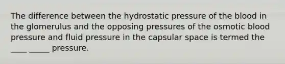 The difference between the hydrostatic pressure of the blood in the glomerulus and the opposing pressures of the osmotic blood pressure and fluid pressure in the capsular space is termed the ____ _____ pressure.