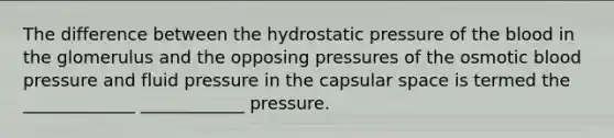 The difference between the hydrostatic pressure of the blood in the glomerulus and the opposing pressures of the osmotic blood pressure and fluid pressure in the capsular space is termed the _____________ ____________ pressure.