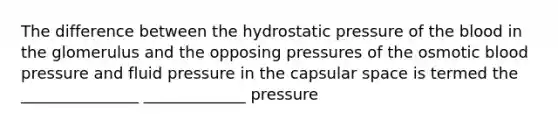 The difference between the hydrostatic pressure of the blood in the glomerulus and the opposing pressures of the osmotic blood pressure and fluid pressure in the capsular space is termed the _______________ _____________ pressure