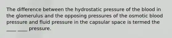 The difference between the hydrostatic pressure of the blood in the glomerulus and the opposing pressures of the osmotic blood pressure and fluid pressure in the capsular space is termed the ____ ____ pressure.