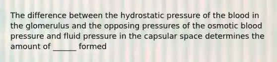 The difference between the hydrostatic pressure of <a href='https://www.questionai.com/knowledge/k7oXMfj7lk-the-blood' class='anchor-knowledge'>the blood</a> in the glomerulus and the opposing pressures of the osmotic <a href='https://www.questionai.com/knowledge/kD0HacyPBr-blood-pressure' class='anchor-knowledge'>blood pressure</a> and fluid pressure in the capsular space determines the amount of ______ formed