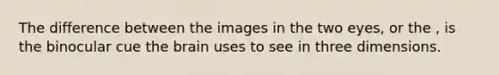 The difference between the images in the two eyes, or the , is the binocular cue the brain uses to see in three dimensions.