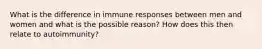 What is the difference in immune responses between men and women and what is the possible reason? How does this then relate to autoimmunity?