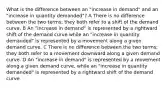 What is the difference between an "increase in demand" and an "increase in quantity demanded"? A There is no difference between the two terms; they both refer to a shift of the demand curve. B An "increase in demand" is represented by a rightward shift of the demand curve while an "increase in quantity demanded" is represented by a movement along a given demand curve. C There is no difference between the two terms; they both refer to a movement downward along a given demand curve. D An "increase in demand" is represented by a movement along a given demand curve, while an "increase in quantity demanded" is represented by a rightward shift of the demand curve.