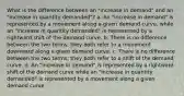 What is the difference between an "increase in demand" and an "increase in quantity demanded"? a. An "increase in demand" is represented by a movement along a given demand curve, while an "increase in quantity demanded" is represented by a rightward shift of the demand curve. b. There is no difference between the two terms; they both refer to a movement downward along a given demand curve. c. There is no difference between the two terms; they both refer to a shift of the demand curve. d. An "increase in demand" is represented by a rightward shift of the demand curve while an "increase in quantity demanded" is represented by a movement along a given demand curve.