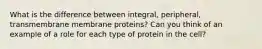 What is the difference between integral, peripheral, transmembrane membrane proteins? Can you think of an example of a role for each type of protein in the cell?