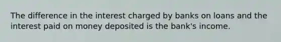 The difference in the interest charged by banks on loans and the interest paid on money deposited is the bank's income.