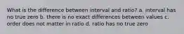 What is the difference between interval and ratio? a. interval has no true zero b. there is no exact differences between values c. order does not matter in ratio d. ratio has no true zero