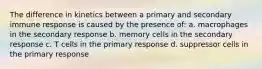 The difference in kinetics between a primary and secondary immune response is caused by the presence of: a. macrophages in the secondary response b. memory cells in the secondary response c. T cells in the primary response d. suppressor cells in the primary response