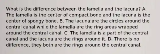 What is the difference between the lamella and the lacuna? A. The lamella is the center of compact bone and the lacuna is the center of spongy bone. B. The lacuna are the circles around the central canal while the lamella are the ring areas wrapped around the central canal. C. The lamella is a part of the central canal and the lacuna are the rings around it. D. There is no difference, they both are the rings around the central canal.