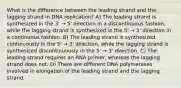 What is the difference between the leading strand and the lagging strand in DNA replication? A) The leading strand is synthesized in the 3' → 5' direction in a discontinuous fashion, while the lagging strand is synthesized in the 5' → 3' direction in a continuous fashion. B) The leading strand is synthesized continuously in the 5' → 3' direction, while the lagging strand is synthesized discontinuously in the 5' → 3' direction. C) The leading strand requires an RNA primer, whereas the lagging strand does not. D) There are different DNA polymerases involved in elongation of the leading strand and the lagging strand.