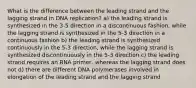 What is the difference between the leading strand and the lagging strand in DNA replication? a) the leading strand is synthesized in the 3-5 direction in a discontinuous fashion, while the lagging strand is synthesized in the 5-3 direction in a continuous fashion b) the leading strand is synthesized continuously in the 5-3 direction, while the lagging strand is synthesized discontinuously in the 5-3 direction c) the leading strand requires an RNA primer, whereas the lagging strand does not d) there are different DNA polymerases involved in elongation of the leading strand and the lagging strand