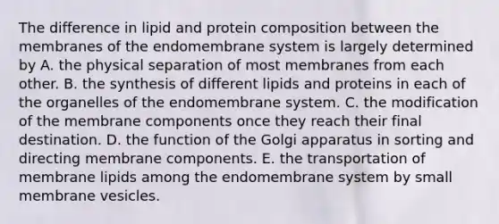 The difference in lipid and protein composition between the membranes of the endomembrane system is largely determined by A. the physical separation of most membranes from each other. B. the synthesis of different lipids and proteins in each of the organelles of the endomembrane system. C. the modification of the membrane components once they reach their final destination. D. the function of the Golgi apparatus in sorting and directing membrane components. E. the transportation of membrane lipids among the endomembrane system by small membrane vesicles.