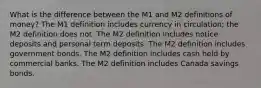 What is the difference between the M1 and M2 definitions of money? The M1 definition includes currency in circulation; the M2 definition does not. The M2 definition includes notice deposits and personal term deposits. The M2 definition includes government bonds. The M2 definition includes cash held by commercial banks. The M2 definition includes Canada savings bonds.