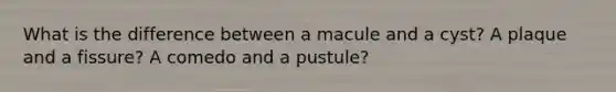 What is the difference between a macule and a cyst? A plaque and a fissure? A comedo and a pustule?