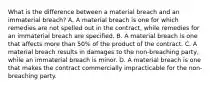 What is the difference between a material breach and an immaterial breach? A. A material breach is one for which remedies are not spelled out in the contract, while remedies for an immaterial breach are specified. B. A material breach is one that affects more than 50% of the product of the contract. C. A material breach results in damages to the non-breaching party, while an immaterial breach is minor. D. A material breach is one that makes the contract commercially impracticable for the non-breaching party.