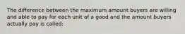 The difference between the maximum amount buyers are willing and able to pay for each unit of a good and the amount buyers actually pay is called: