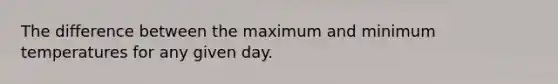 The difference between the maximum and minimum temperatures for any given day.