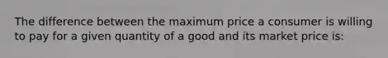 The difference between the maximum price a consumer is willing to pay for a given quantity of a good and its market price is: