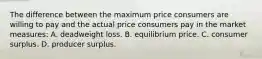 The difference between the maximum price consumers are willing to pay and the actual price consumers pay in the market measures: A. deadweight loss. B. equilibrium price. C. consumer surplus. D. producer surplus.