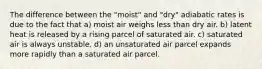 The difference between the "moist" and "dry" adiabatic rates is due to the fact that a) moist air weighs less than dry air. b) latent heat is released by a rising parcel of saturated air. c) saturated air is always unstable. d) an unsaturated air parcel expands more rapidly than a saturated air parcel.