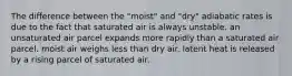 The difference between the "moist" and "dry" adiabatic rates is due to the fact that saturated air is always unstable. an unsaturated air parcel expands more rapidly than a saturated air parcel. moist air weighs less than dry air. latent heat is released by a rising parcel of saturated air.