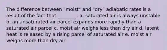 The difference between "moist" and "dry" adiabatic rates is a result of the fact that ________. a. saturated air is always unstable b. an unsaturated air parcel expands more rapidly than a saturated air parcel c. moist air weighs <a href='https://www.questionai.com/knowledge/k7BtlYpAMX-less-than' class='anchor-knowledge'>less than</a> dry air d. latent heat is released by a rising parcel of saturated air e. moist air weighs <a href='https://www.questionai.com/knowledge/keWHlEPx42-more-than' class='anchor-knowledge'>more than</a> dry air