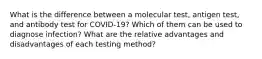 What is the difference between a molecular test, antigen test, and antibody test for COVID-19? Which of them can be used to diagnose infection? What are the relative advantages and disadvantages of each testing method?