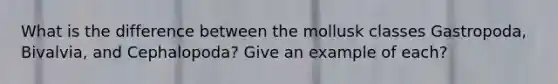 What is the difference between the mollusk classes Gastropoda, Bivalvia, and Cephalopoda? Give an example of each?