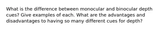 What is the difference between monocular and binocular depth cues? Give examples of each. What are the advantages and disadvantages to having so many different cues for depth?