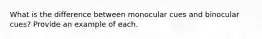 What is the difference between monocular cues and binocular cues? Provide an example of each.